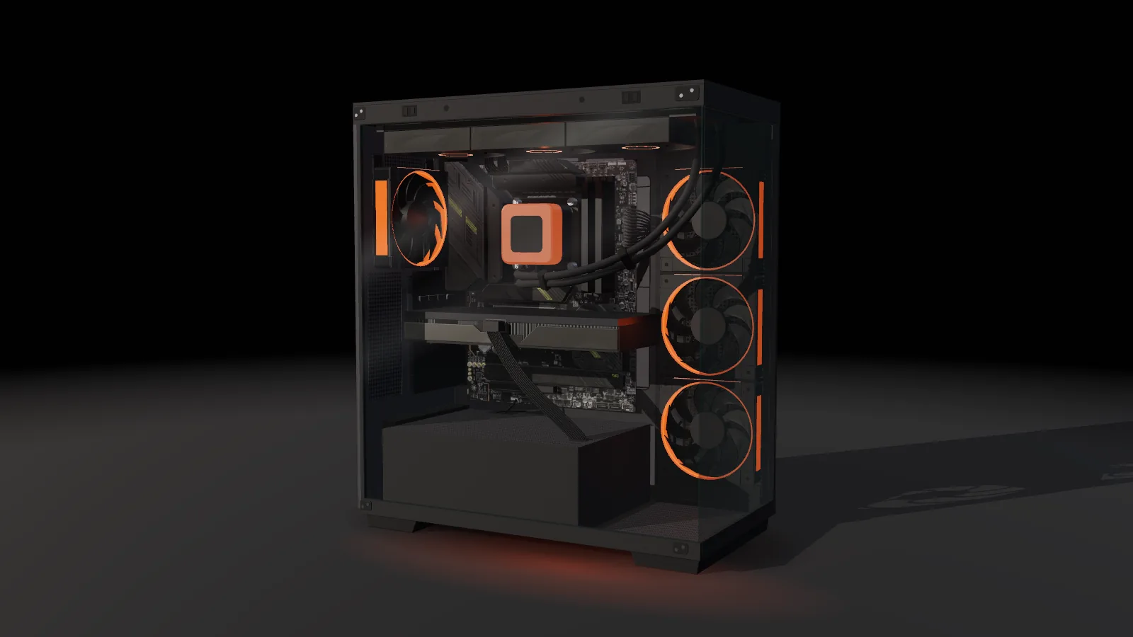 Počítač FL Creator v skrini s presklenými bokmi, vodným chladením a oranžovým RGB podsvietením FrameLab – statický náhľad interaktívneho 3D modelu